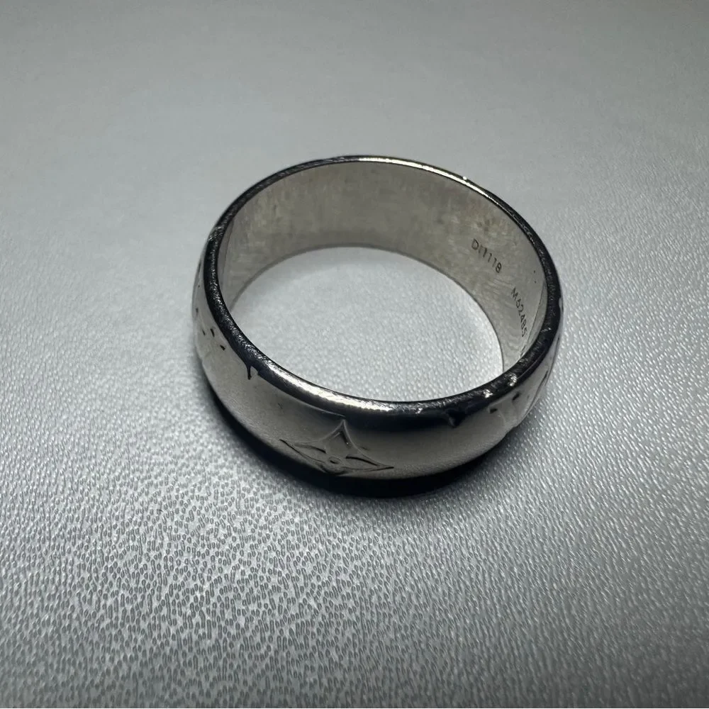 Louis Vuitton Silver Monogram & Fleur-De-Lis Ring M62485 Band Ring Auth
